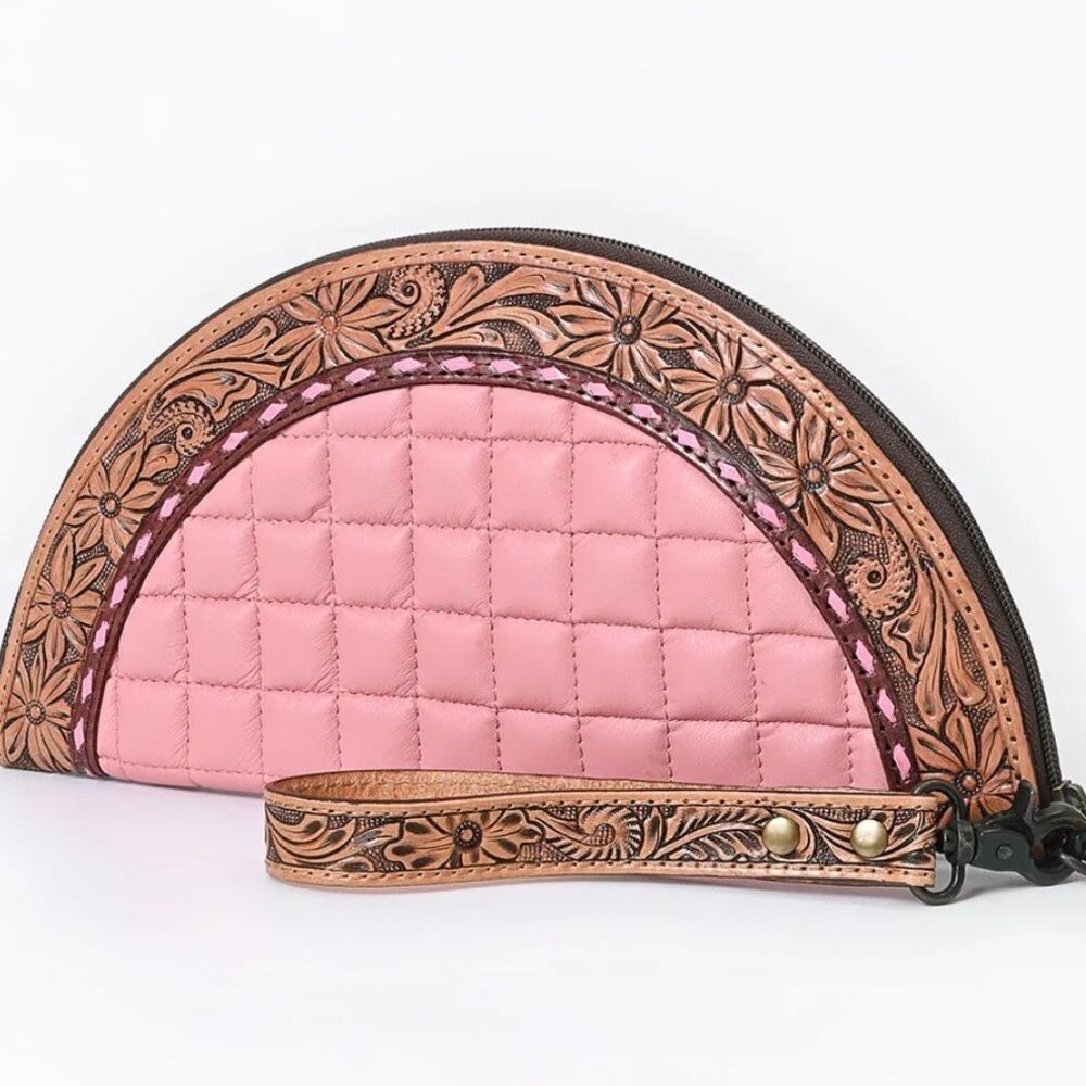 Southwestern Tooled Leather Taco Clutch Bag with Pink Quilted Body Floral Trim